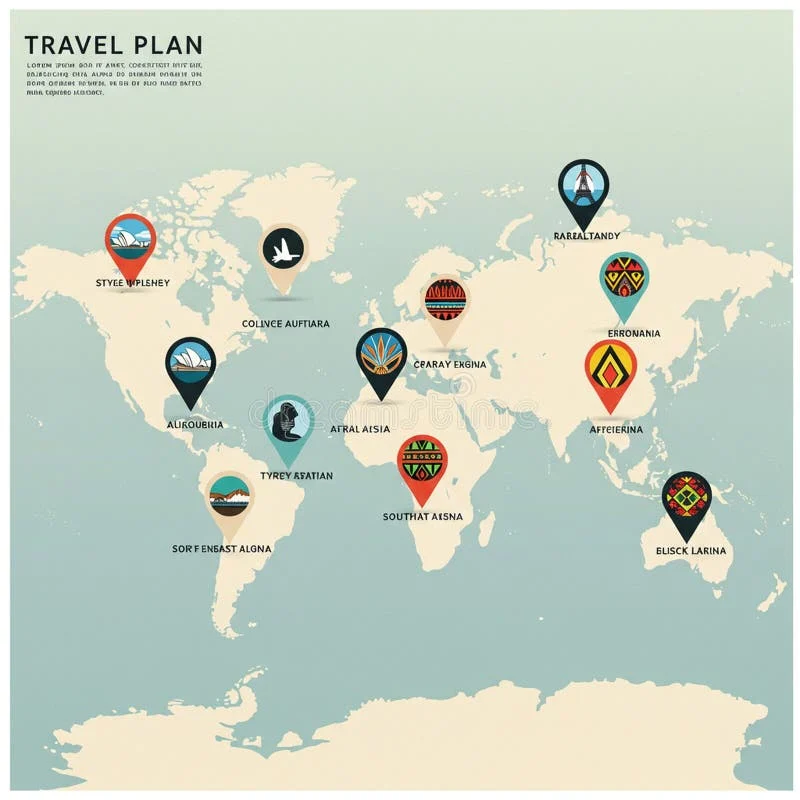 World Map Illustration with Pin Markers Representing Various Locations